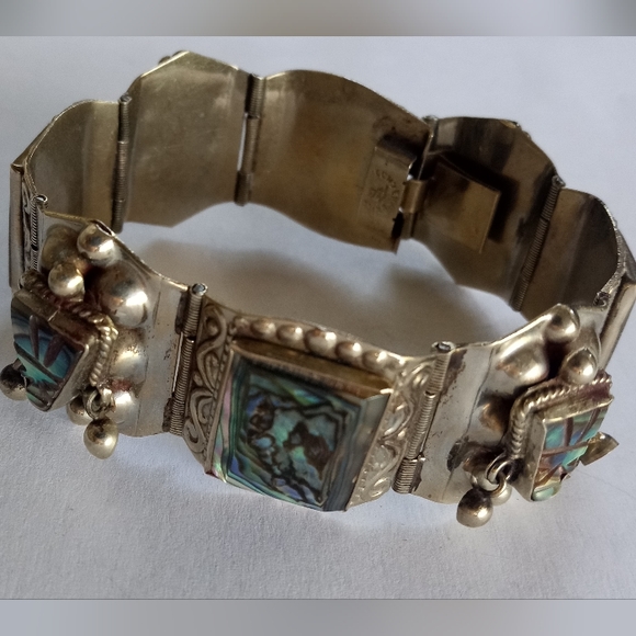 Sterling Silver Aztec Mexico Taxco Multi Link Abalone Shell Vintage Bracelet - Picture 1 of 12